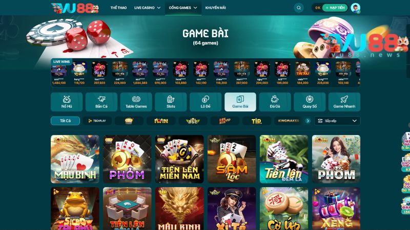 Những nhà cung cấp nổi tiếng trong sảnh game bài VU88
