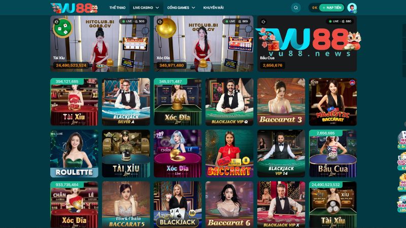Những thể loại nổi bật trong sảnh Live Casino VU88