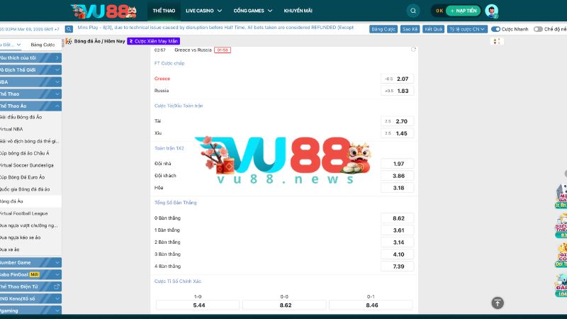 Tỷ lệ kèo đa dạng trong cá cược thể thao VU88