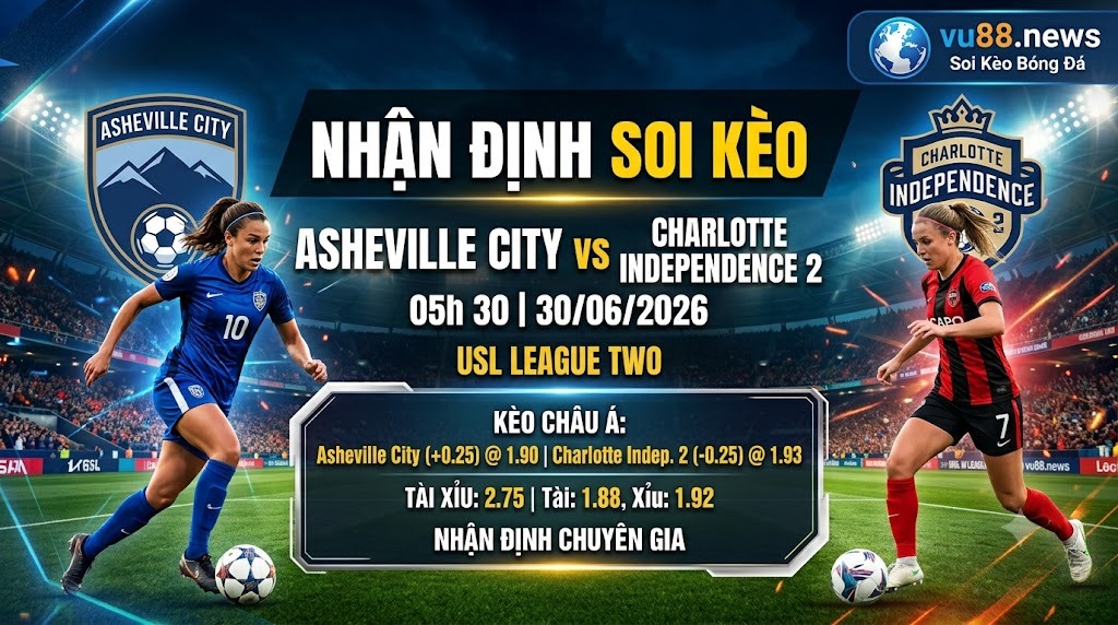 Nhận định soi kèo Asheville City vs Charlotte Independence 2 05h 30 ngày 30/06/2026 – USL League Two