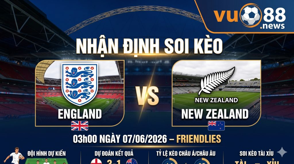 Nhận định soi kèo England vs New Zealand 03h 00 ngày 07/06/2026 – Friendlies